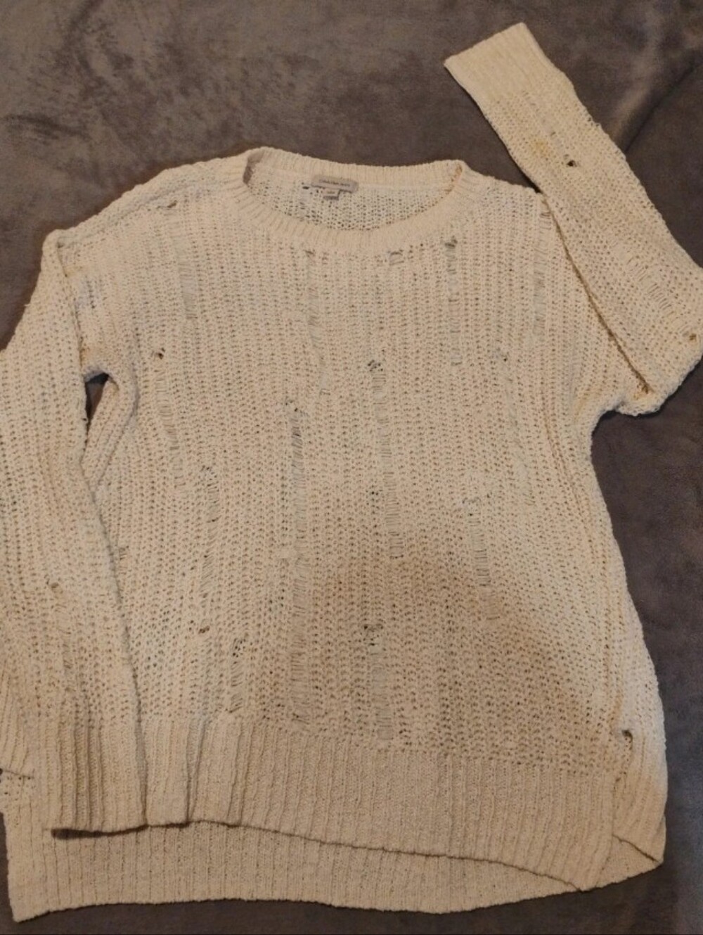 Calvin Klein Jeans Distressed Open Knit Ladder Pullover Sweater Cream - L